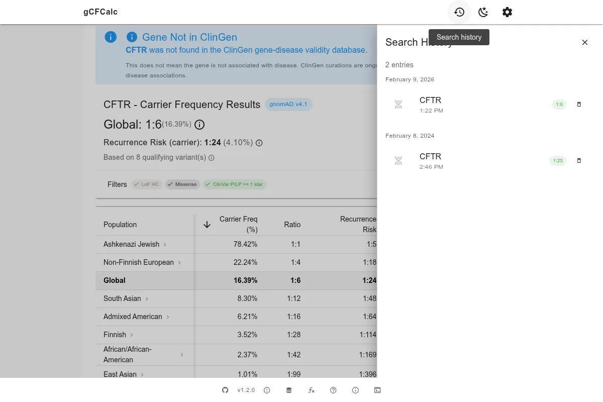 Search history panel showing previous gene searches