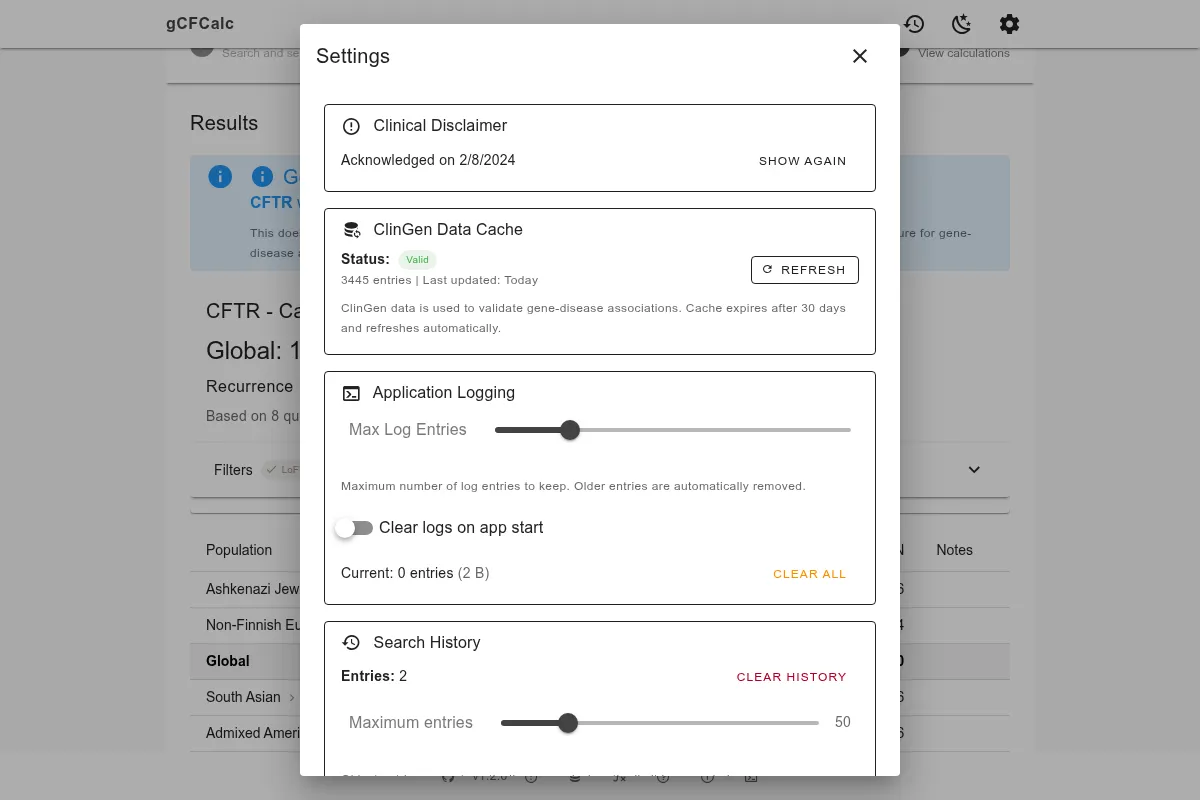 Settings dialog showing template editor with section toggles
