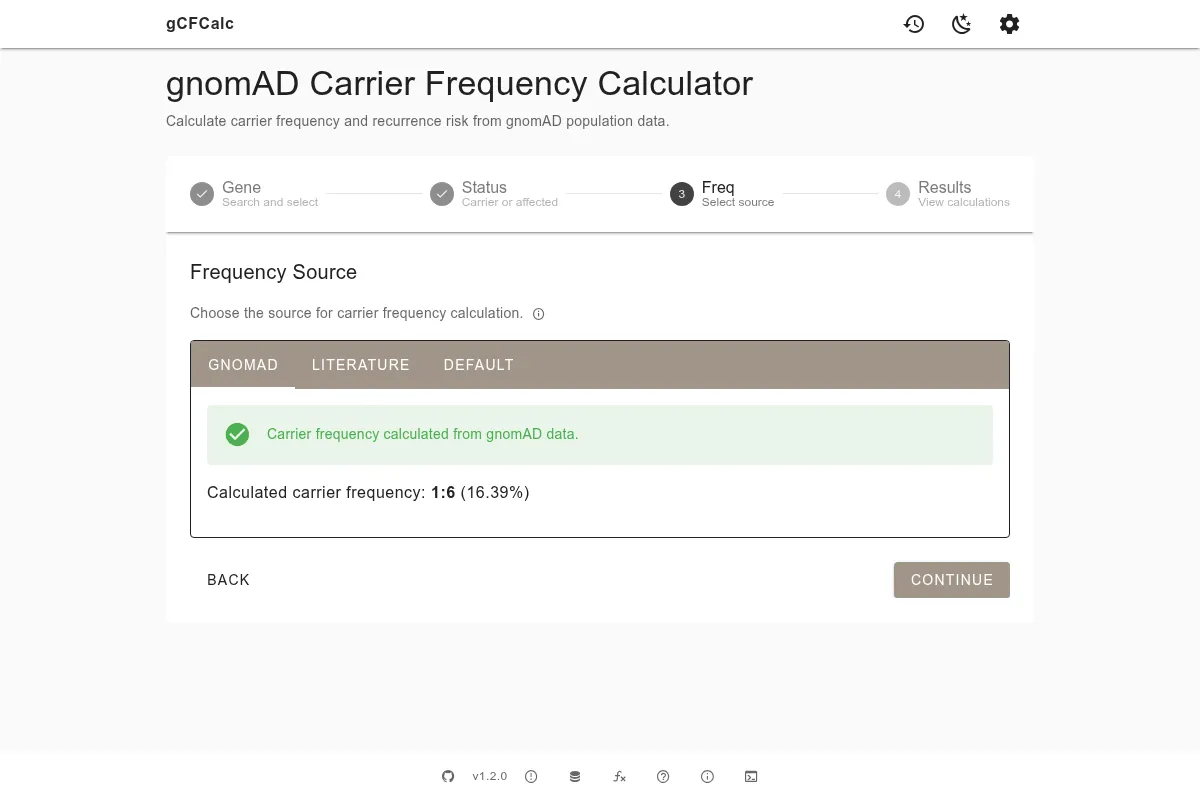 Frequency source selection with gnomAD, Literature, and Default tabs